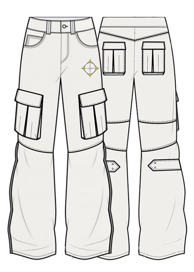 Rev 00 design drawing of the jean, front and back, with thigh cargo pockets, flap back pockets, a knee panel and lower-leg tabs