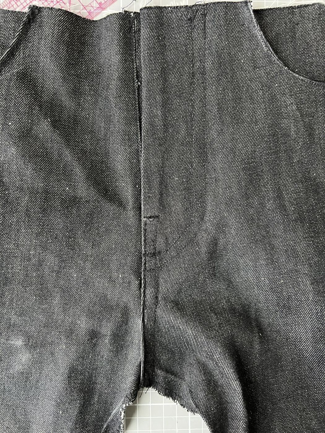 Crotch seam junction from the inside showing felled seams