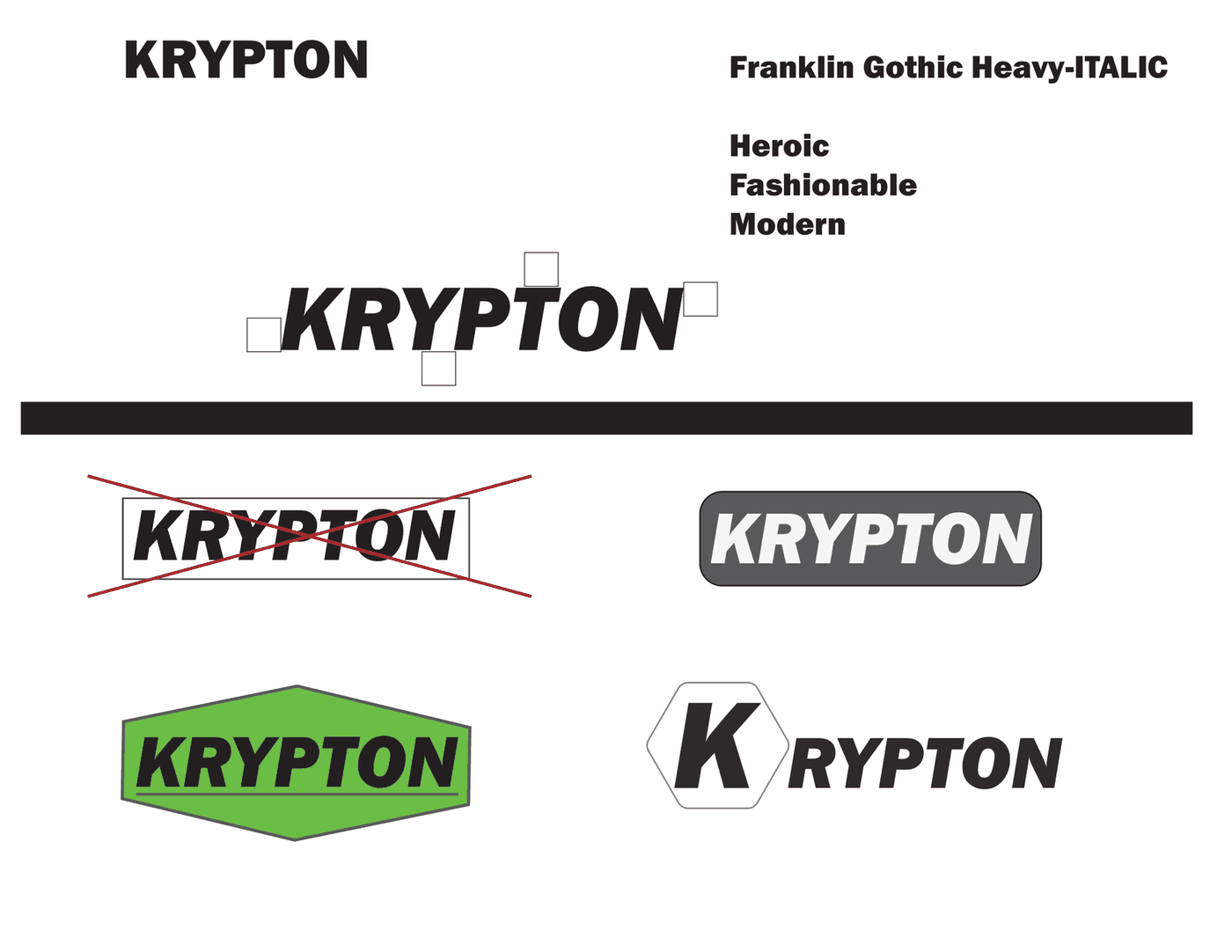 Typeface selection sheet: Franklin Gothic Heavy Italic set against the words heroic, fashionable, modern, with four first-round marks below and one struck through in red