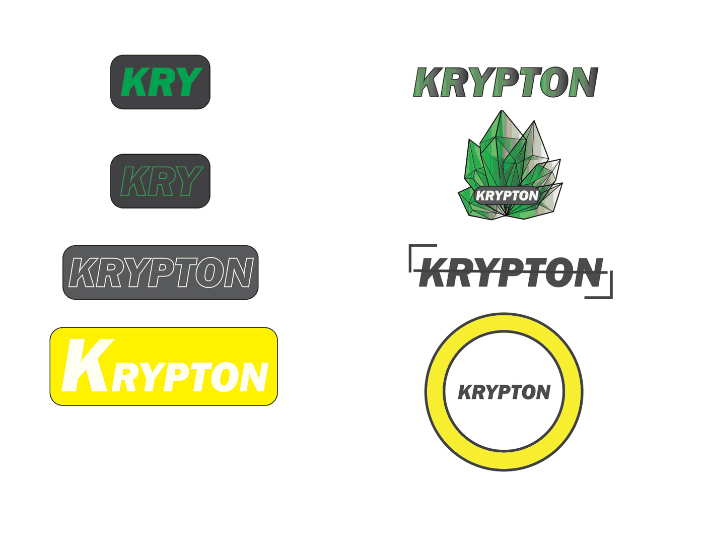 Lockup sheet: eight variants of the Krypton wordmark in filled, outlined, capsule, hexagon, bracket, ring and crystal-emblem forms