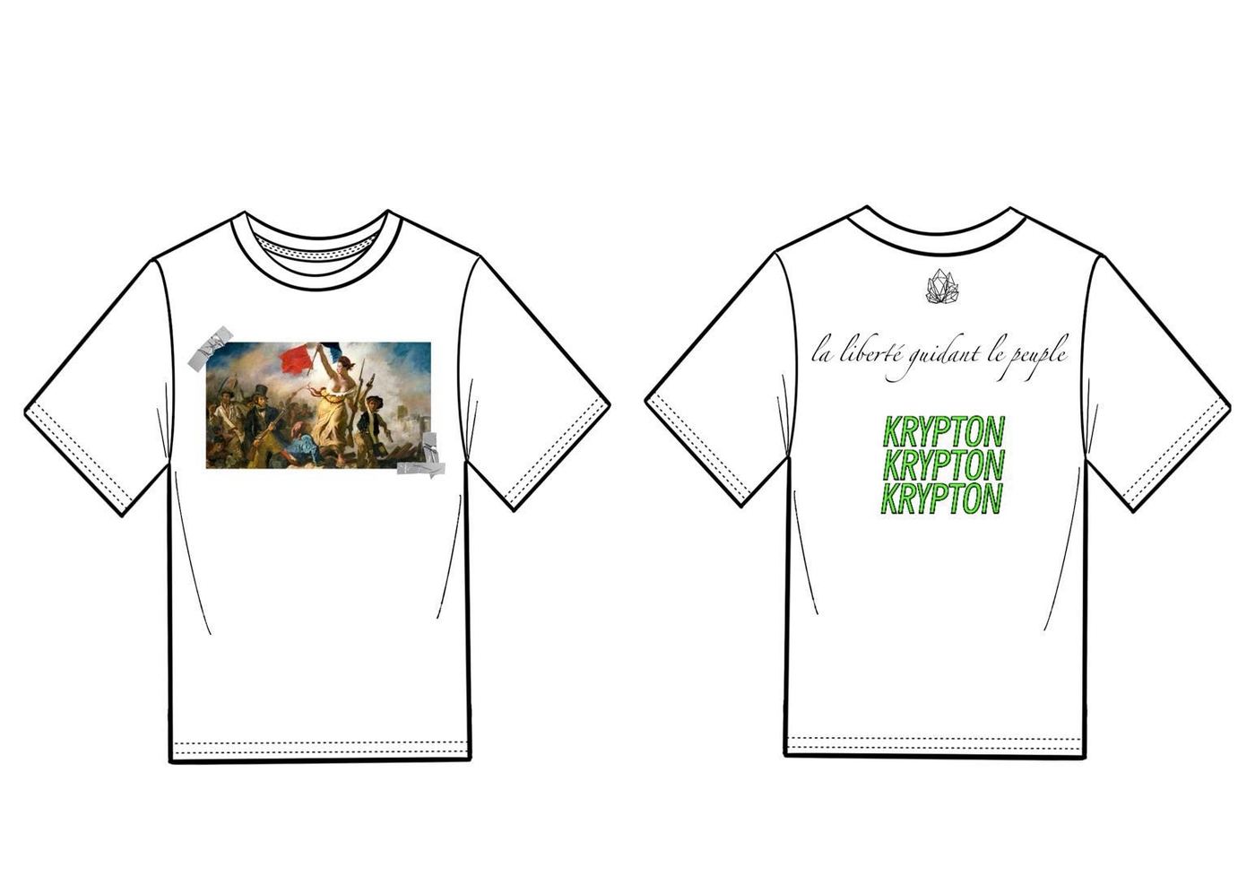 Tee flats, front and back. Front: a reproduction of Delacroix's Liberty Leading the People taped at two corners on the left chest. Back: the crystal emblem at the yoke, a script line beneath it, and the wordmark stacked three deep in broken green