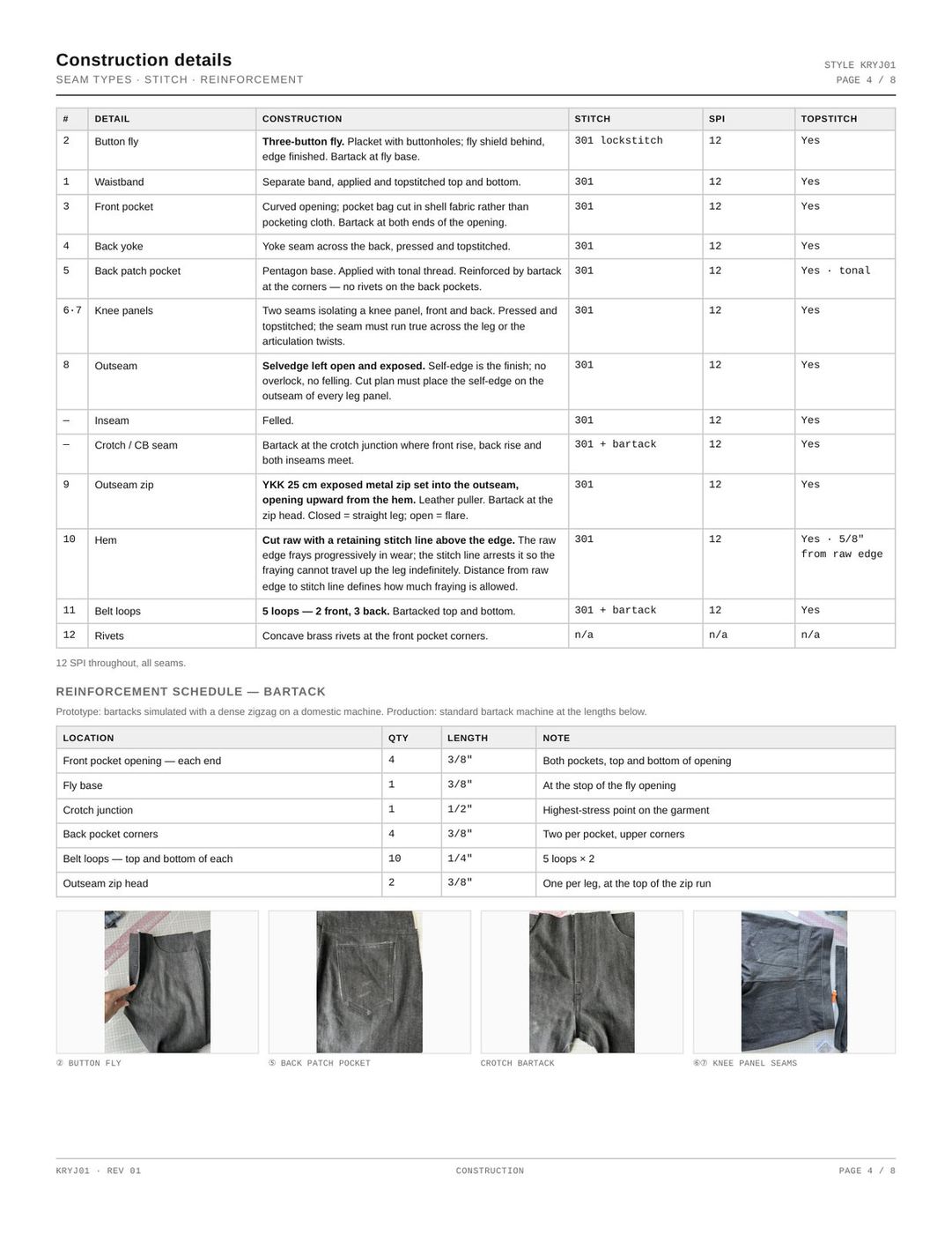 Tech pack page four: construction details and the bartack schedule