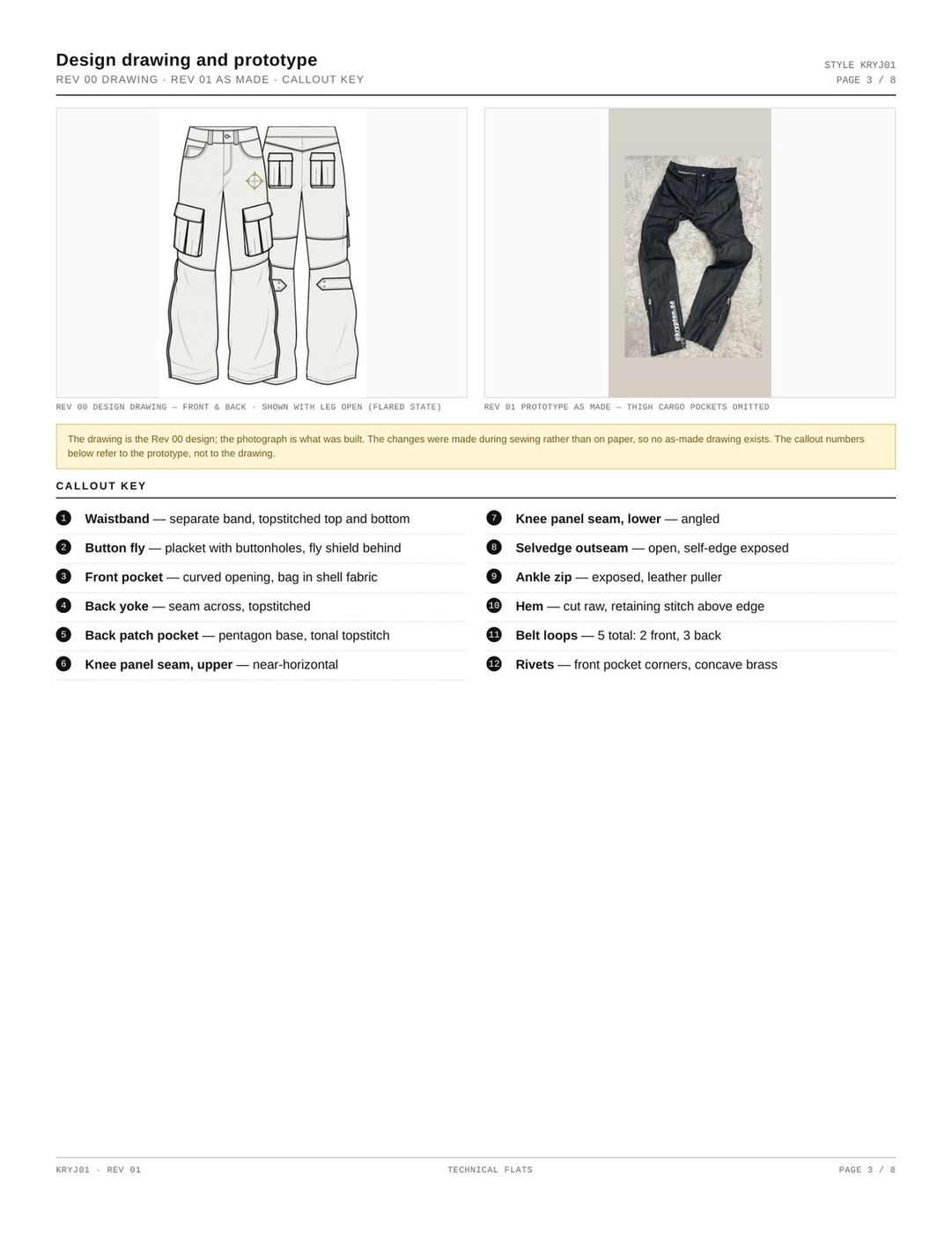Tech pack page three: the Rev 00 drawing beside the prototype photograph with a twelve-item callout key