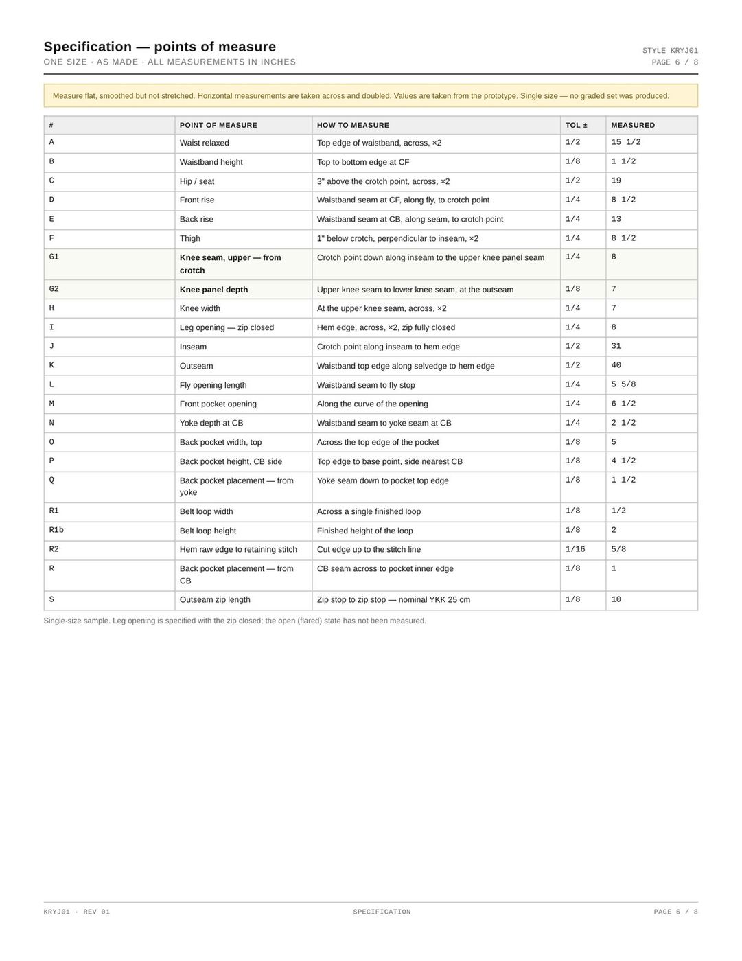 Tech pack page six: the point-of-measure specification table, twenty-two measurements