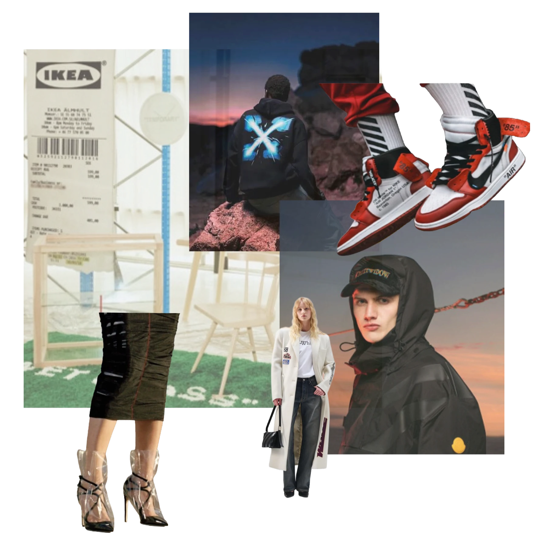 Reference board of Off-White brand imagery — the IKEA collaboration, Jordan sneakers, campaign stills and product shots overlapping each other