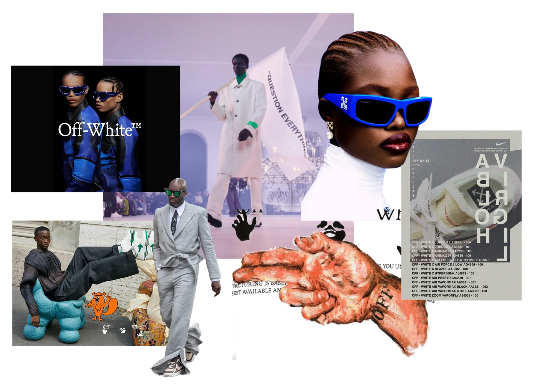 Inspiration board of overlapping Off-White imagery — runway looks, the blue eyewear campaign, Virgil Abloh, a painted hand and a Nike release sheet