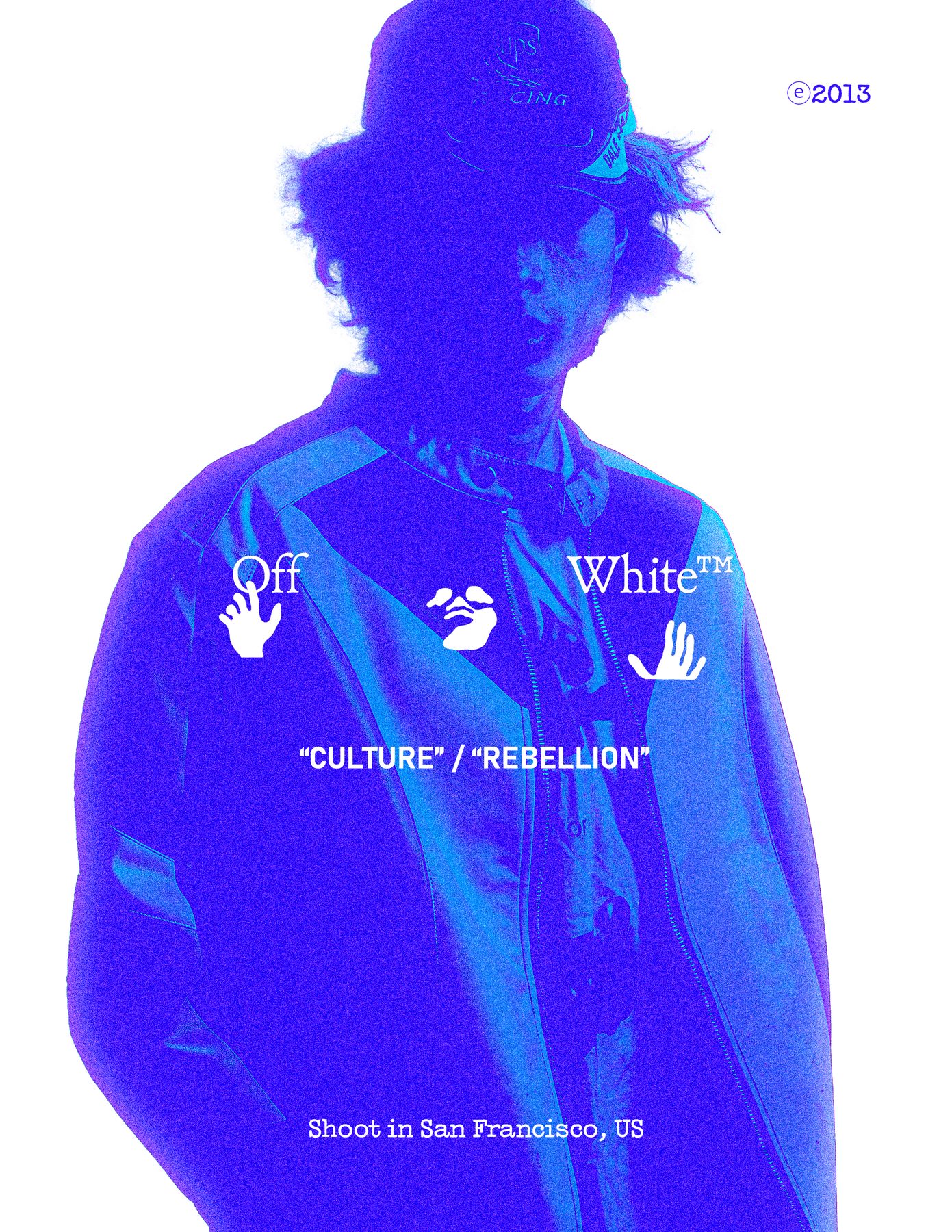 High-contrast blue duotone of the moto look silhouetted on white