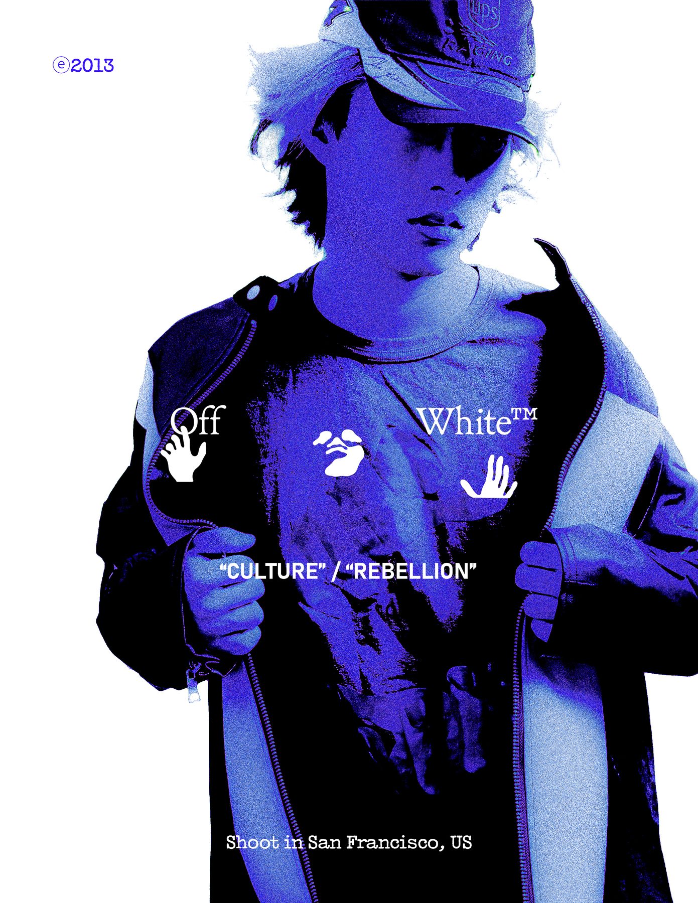 High-contrast blue duotone, jacket pulled open, silhouetted on white