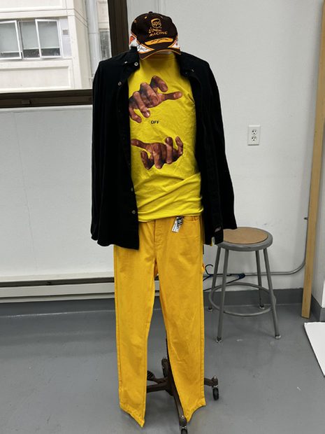 Look one styled on a dress form