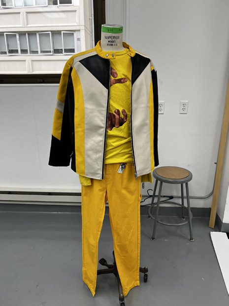 Look five styled on a dress form