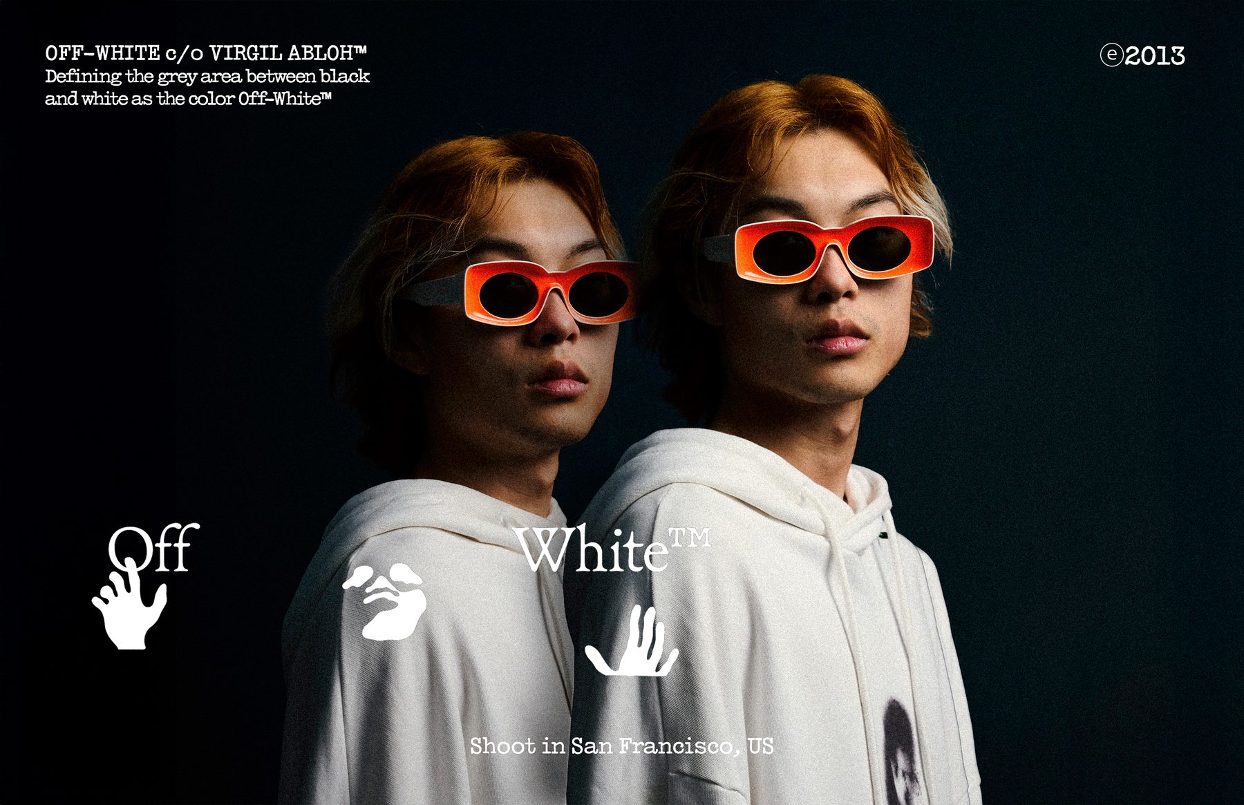 Two frames of the same model back to back in an off-white hoodie and orange sunglasses on a near-black ground