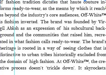 A justified paragraph set in Bell MT describing Off-White's position between ready-to-wear and high fashion