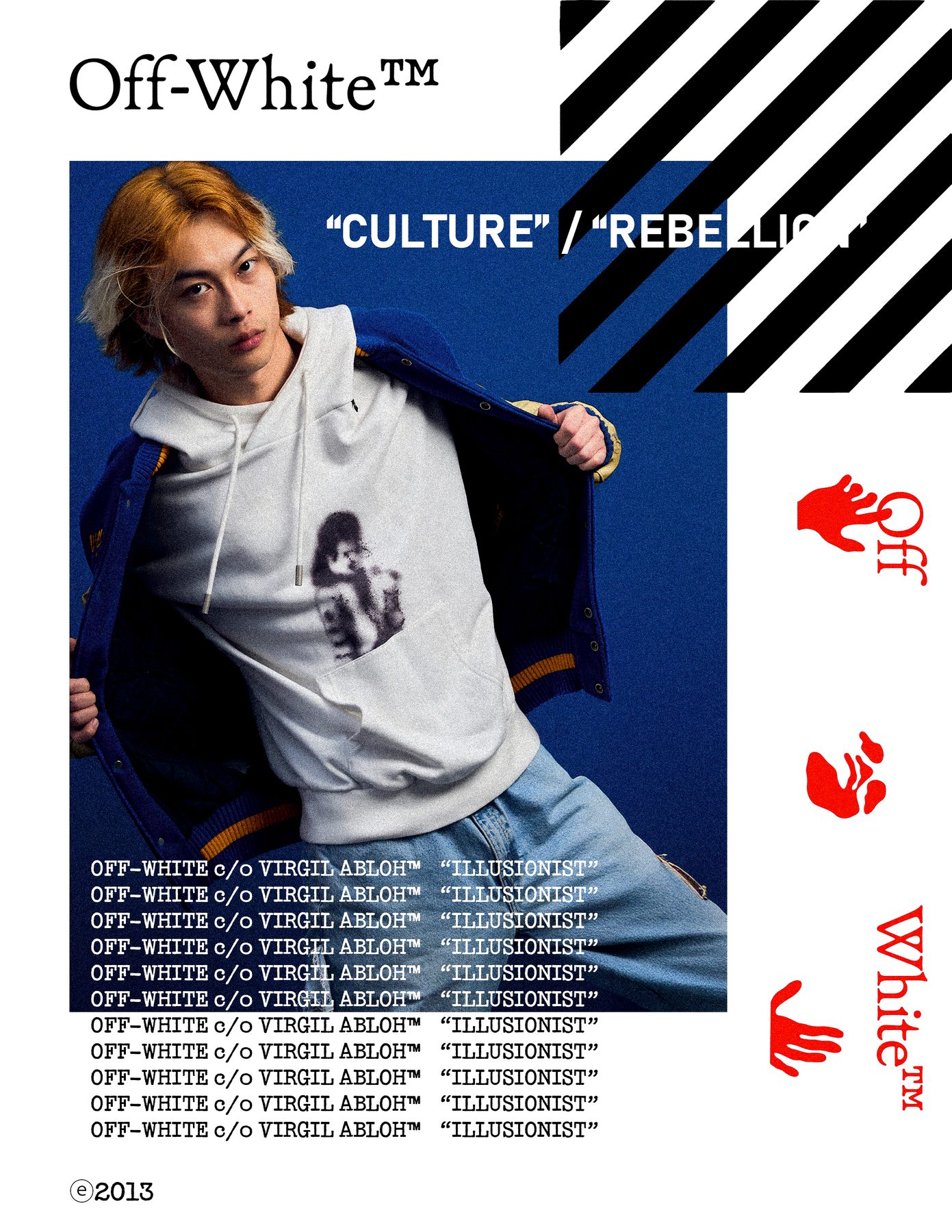Model pulling the varsity jacket open over a printed hoodie, diagonal stripe block above