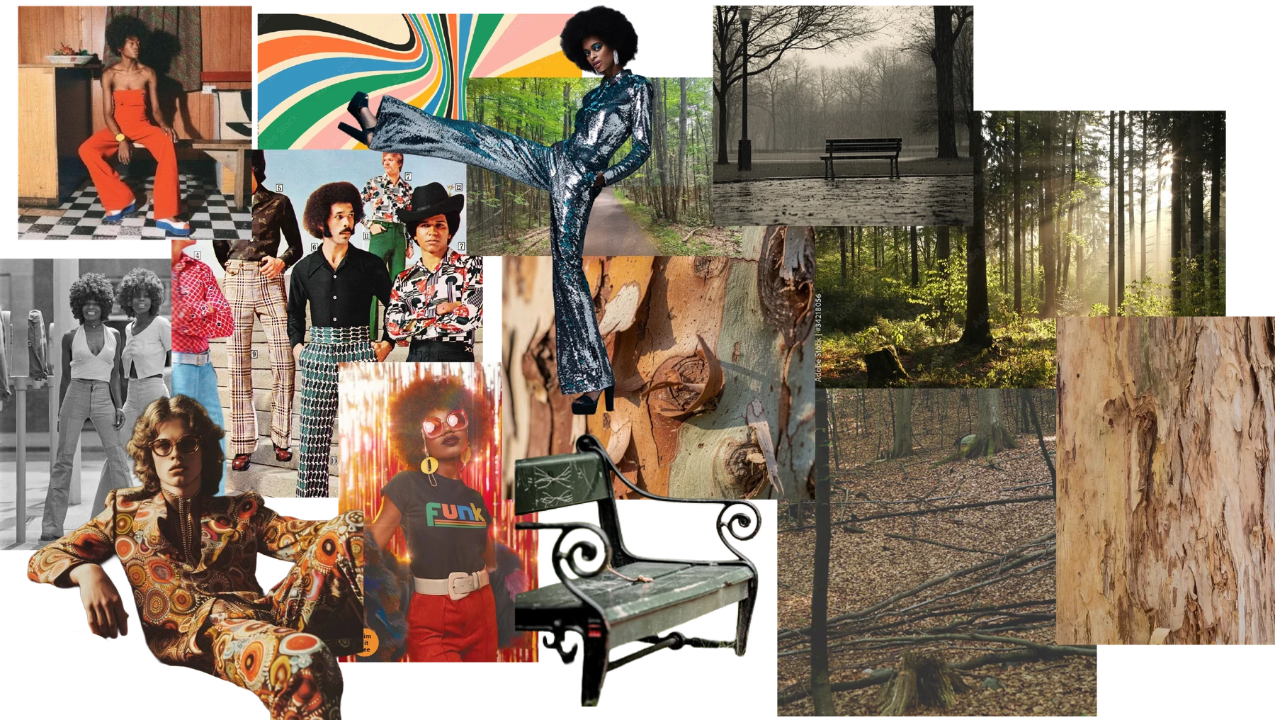 Inspiration board of overlapping seventies catalogue pages, disco imagery, bark details, bare winter woodland and a weathered park bench