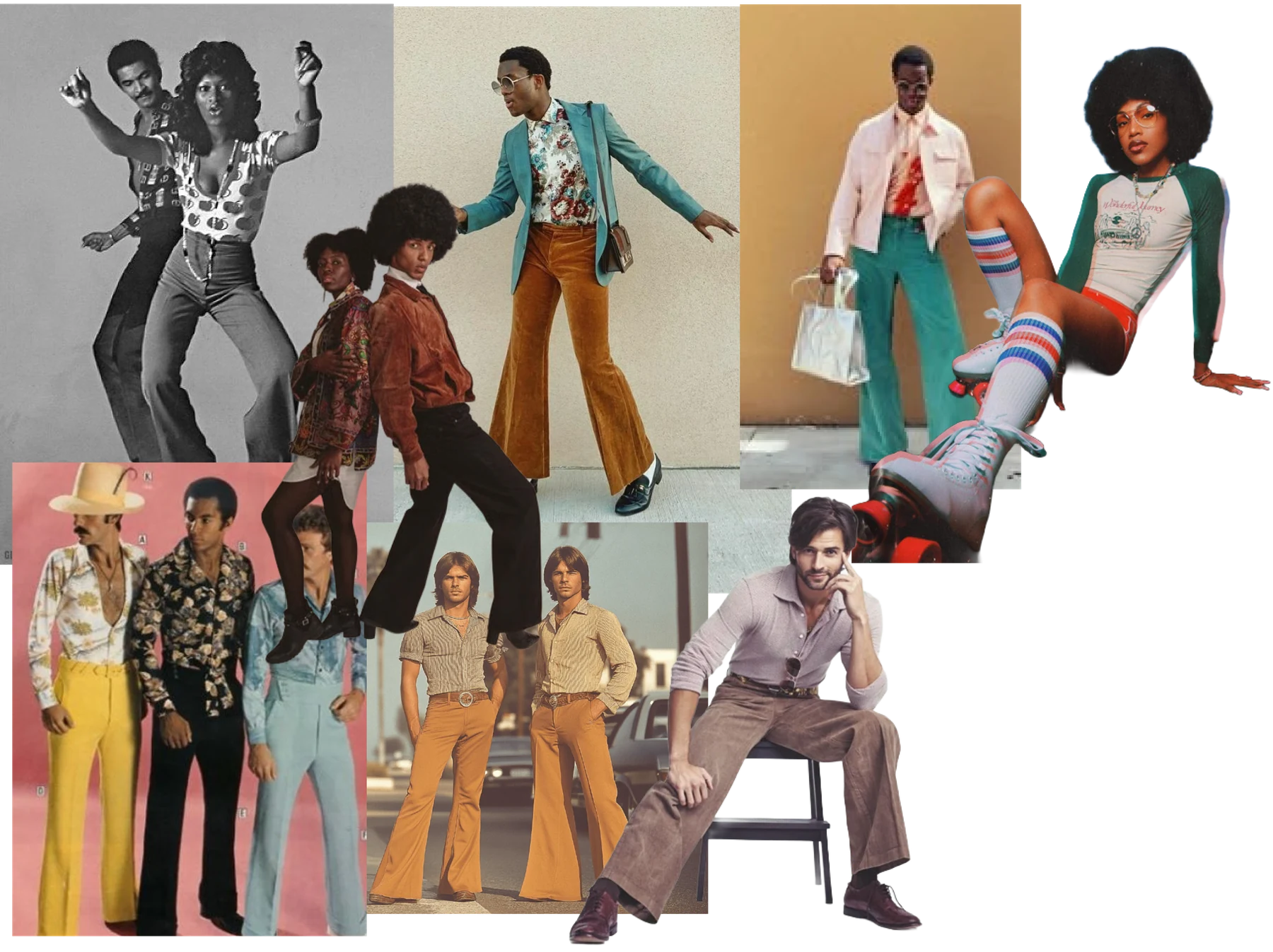 Pose board of overlapping seventies catalogue figures — arms held out from the body, weight thrown to one side, shirts open