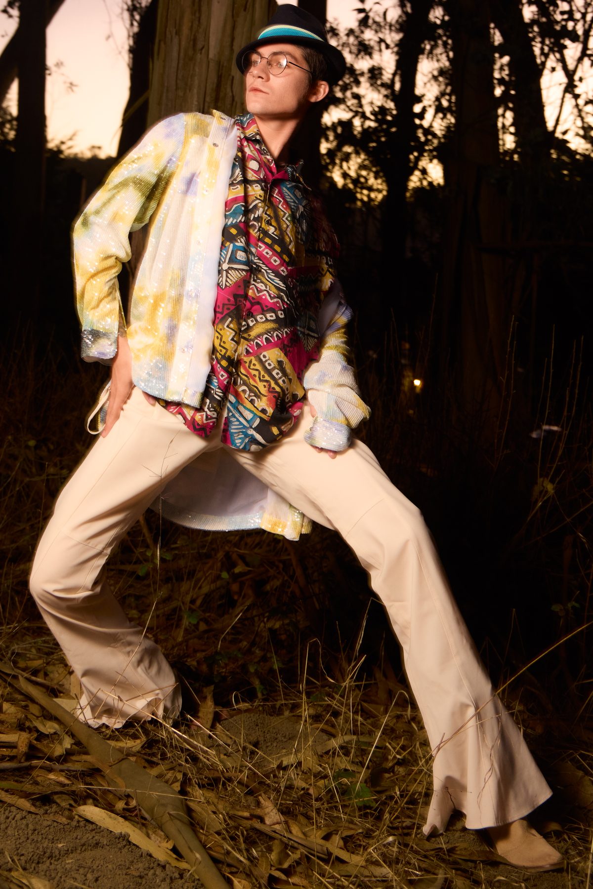 Sequinned jacket, three-quarter turn, flash frozen at dusk