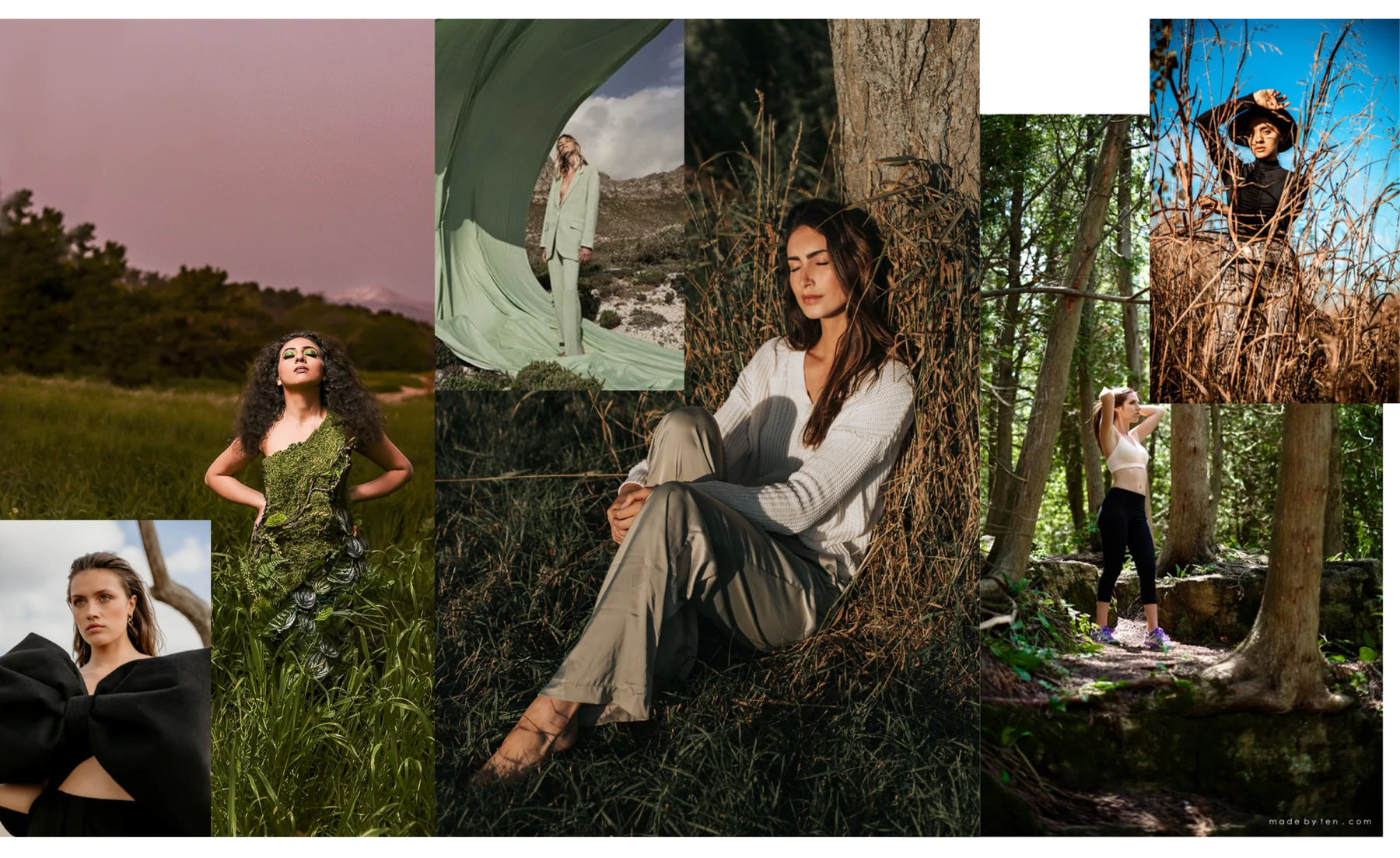 Board of available-light portraits made in woodland and long grass