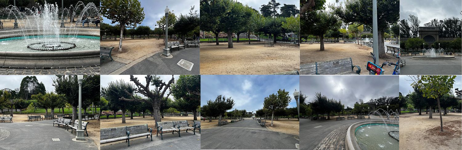 Contact sheet of the plaza: fountain, benches, paved circle and bike share dock