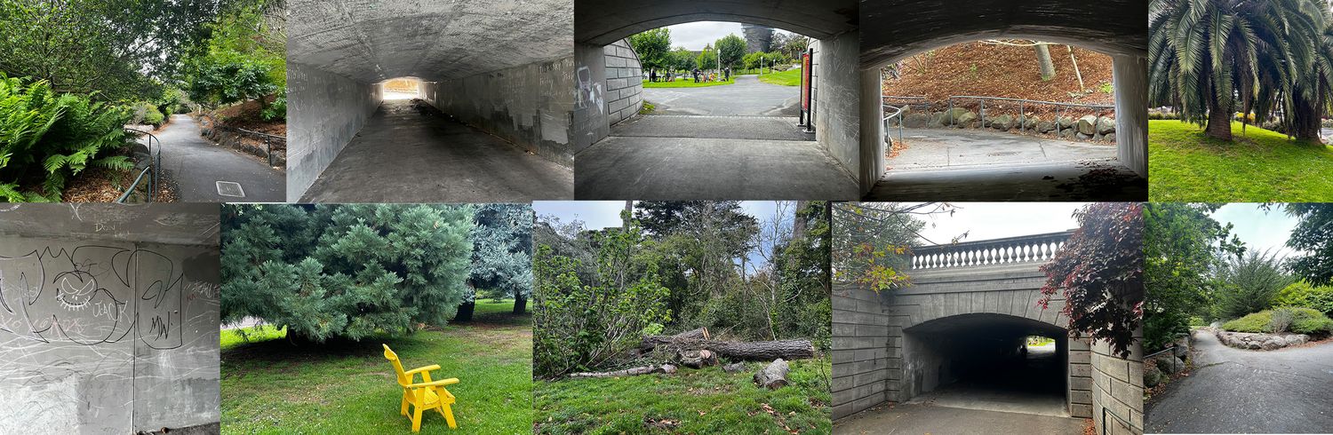 Contact sheet of the underpass: concrete tunnel, graffiti, handrail and wood chips